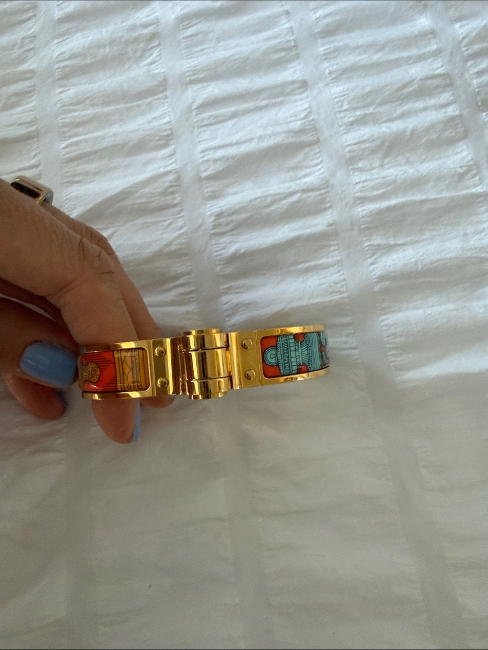 Hermes Printed Enamel Hinged bracelet Orange and Turquoise and Gold